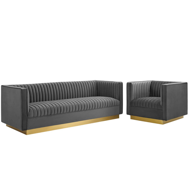Ensemble de canapé et fauteuil en velours capitonné vertical Modway Sanguine, gris