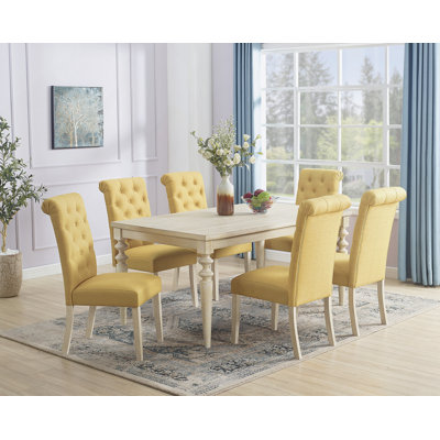 7-Piece Dining Set, Turned-Leg Dining Table With 6 Tufted Chairs