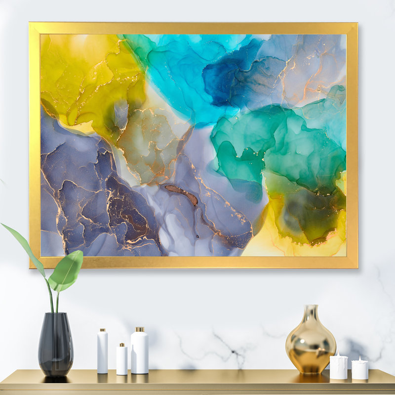 Turquoise et jaune luxe abstrait fluide - peinture sur toile, H 16 po x l 32 po x P 1 po, Encadrement doré