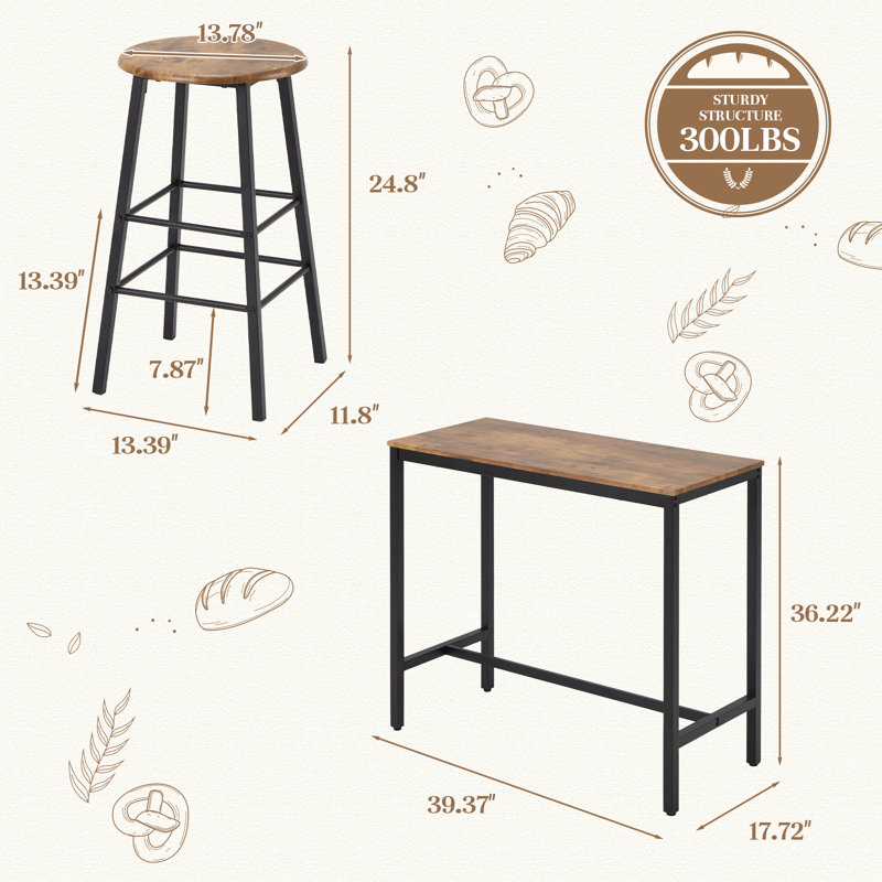  3 - Piece Dining Set, Rectangular Bar Table Set, Brown