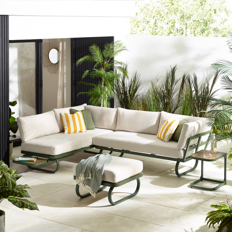 Capriss 6 Seater Metal Corner Garden Sofa, Bench/Footstool & Side Table With Cushions - Modern Design