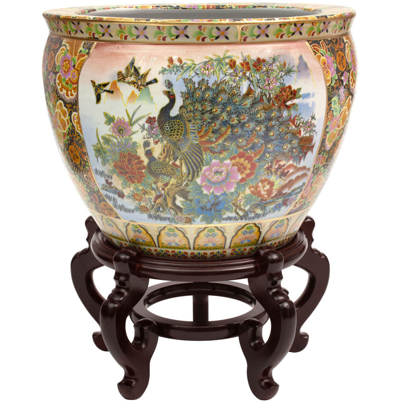 Satsuma Garden & Peacock Porcelain Fishbowl, 16.5" H x 20.5" W x 20" D, Birds and Flowers