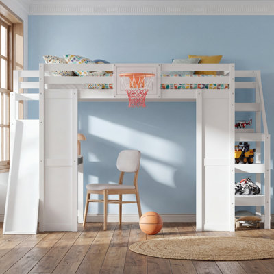 Lit mezzanine double en bois avec bureau intégré, panier de basketball, glissade et escalier, blanc