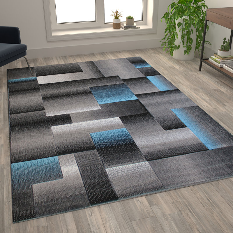 Modern Blue and Gray Geometric Style Color Blocked Indoor Area Rug, Rectangle 6' x 9'