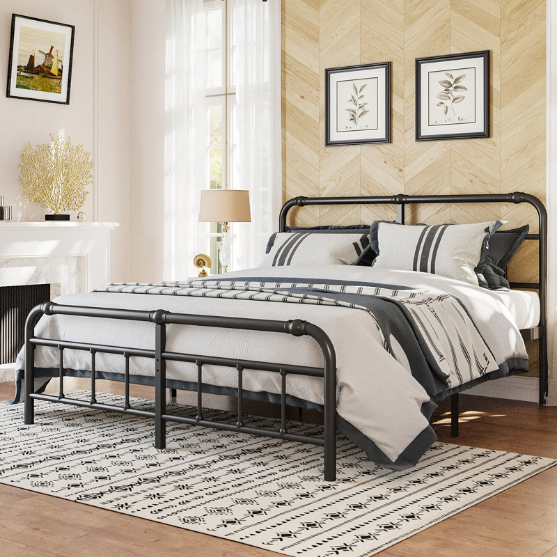 Amylia Anti-Sway Heavy Duty 14” Metal Iron Bed Frame - Noise-Free Platform Bed with Headboard & Footboard, Artistic Steel Pipe Molding, Non-Slip, No Box Spring Needed, King Size for Master Bedroom/Shared Space