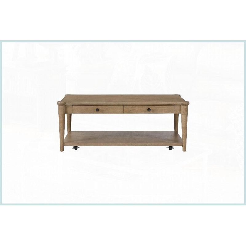 Table basse transitionnelle à finition sable avec 2 tiroirs de rangement Roulettes pour faciliter le déplacement