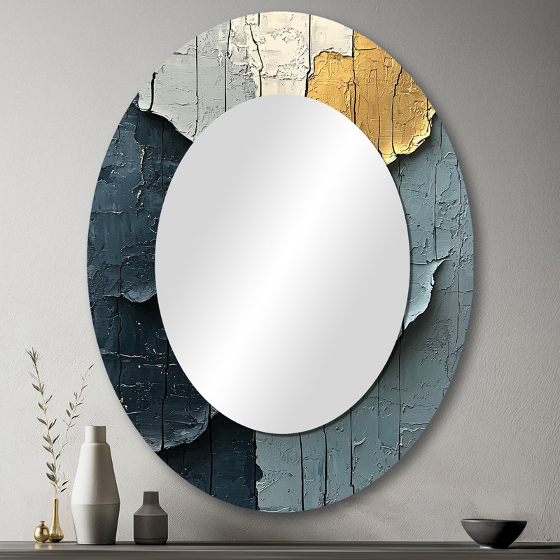 Miroir mural ovale gris doré sur fond métallique, null