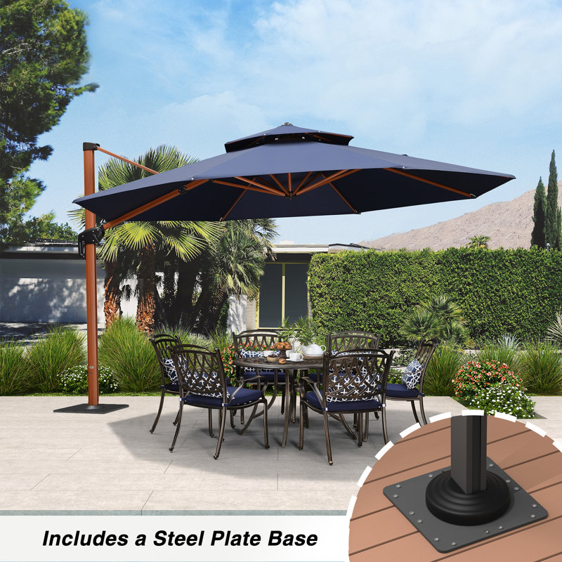 Parasol en porte-à-faux à motif en bois de 156 po avec base en tôle d'acier, Beige
