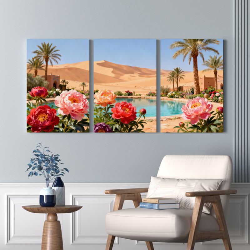 Ensemble de 3 tableaux sur toile représentant une oasis désertique avec palmiers et pivoines, idéal pour la décoration du salon, de la chambre ou de la maison.