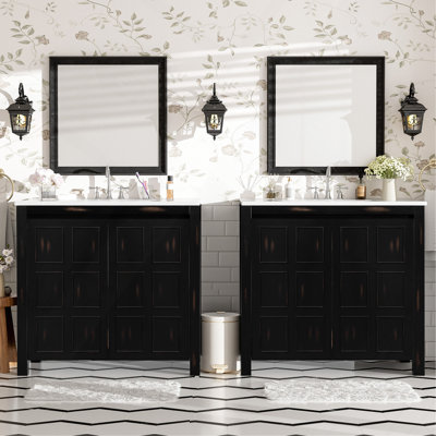 Ensemble de meuble-lavabo 72 po avec deux meubles-lavabos (séparés), deux lavabos en céramique, des portes à fermeture en douceur et une tablette réglable - Armoire de rangement espresso rétro pour une organisation élégante