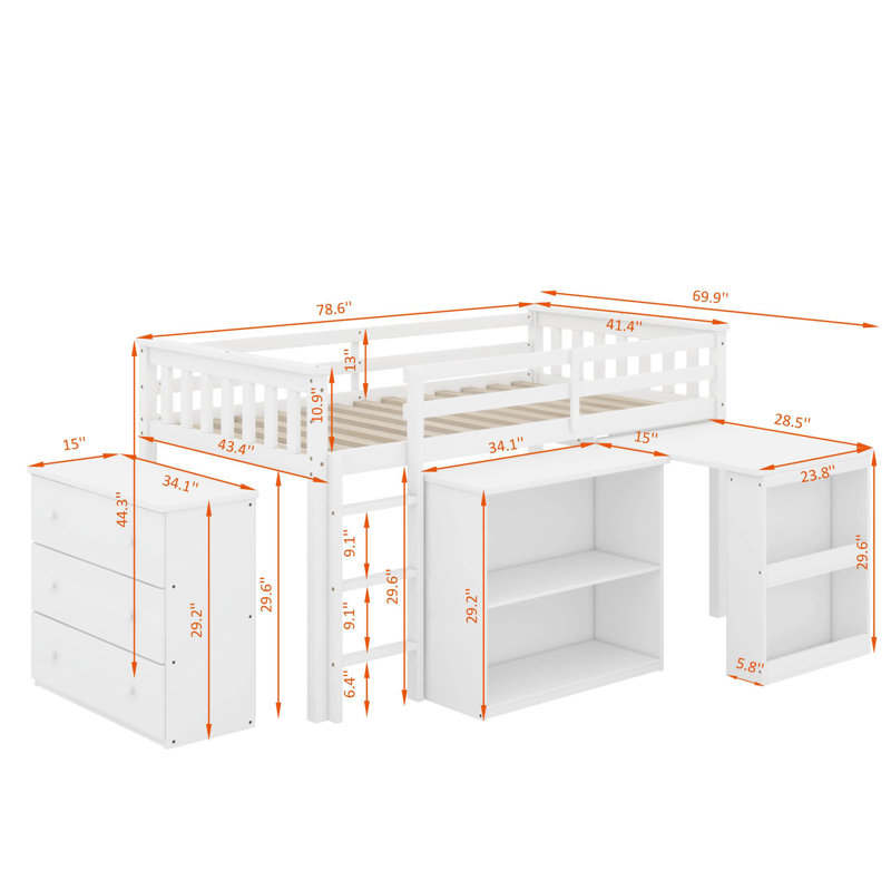 Lit mezzanine simple avec armoire à tiroirs, armoire à tablettes et bureau, Blanc