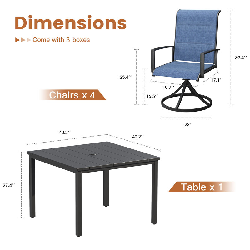 4-Person Patio Dining Set with Square Metal Dining Table and 4 PVC-coated polyester Swivel Chairs , Black/Blue