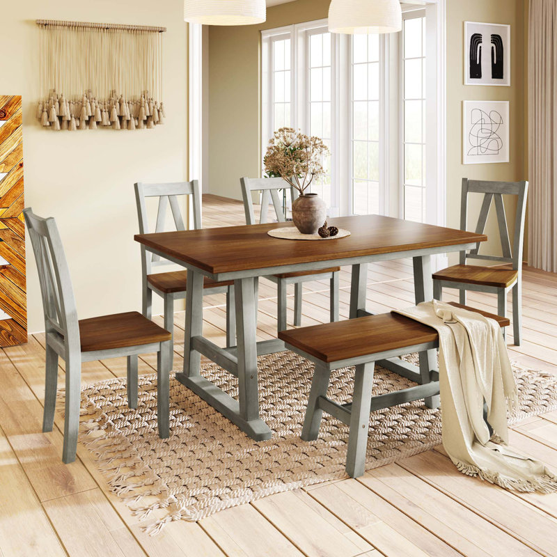 Farmhouse Style 6-Piece Dining Set with Multifunctional Bench, Walnut;Gray