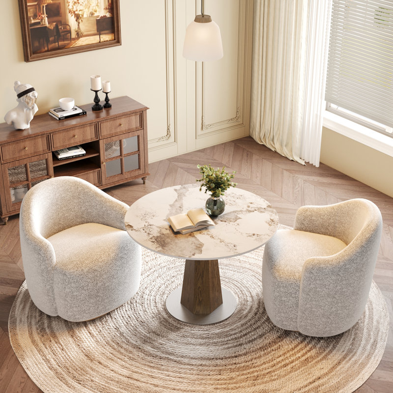 Table de bistro ronde moderne en bois massif pour 2 à 4 personnes | Pied central hexagonal stable et plateau en pierre frittée aspect marbre, idéal comme table de cuisine ou de salon