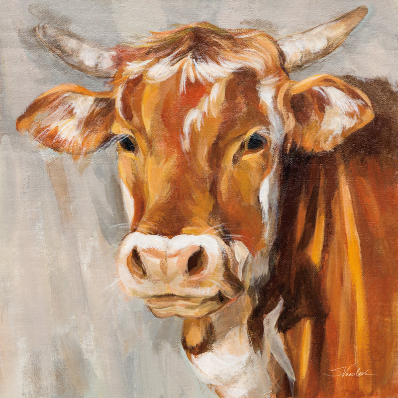 «Brown Cow On Canvas» par Silvia Vassileva, reproduction, H 12 po x l 12 po