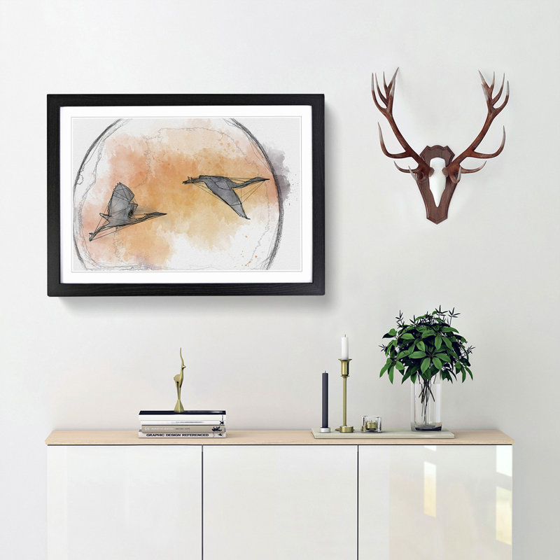 Two Heron Birds in Flight in Abstract - Picture Frame Graphic Art Print, 27cm H x 36cm W x 2cm D, Black Framed