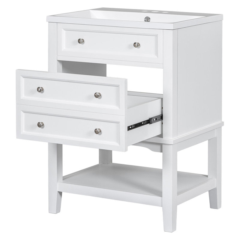 Meuble-lavabo 24 po avec lavabo, meuble de rangement pour salle de bain avec tiroir et tablette ouverte, structure en bois massif, blanc
