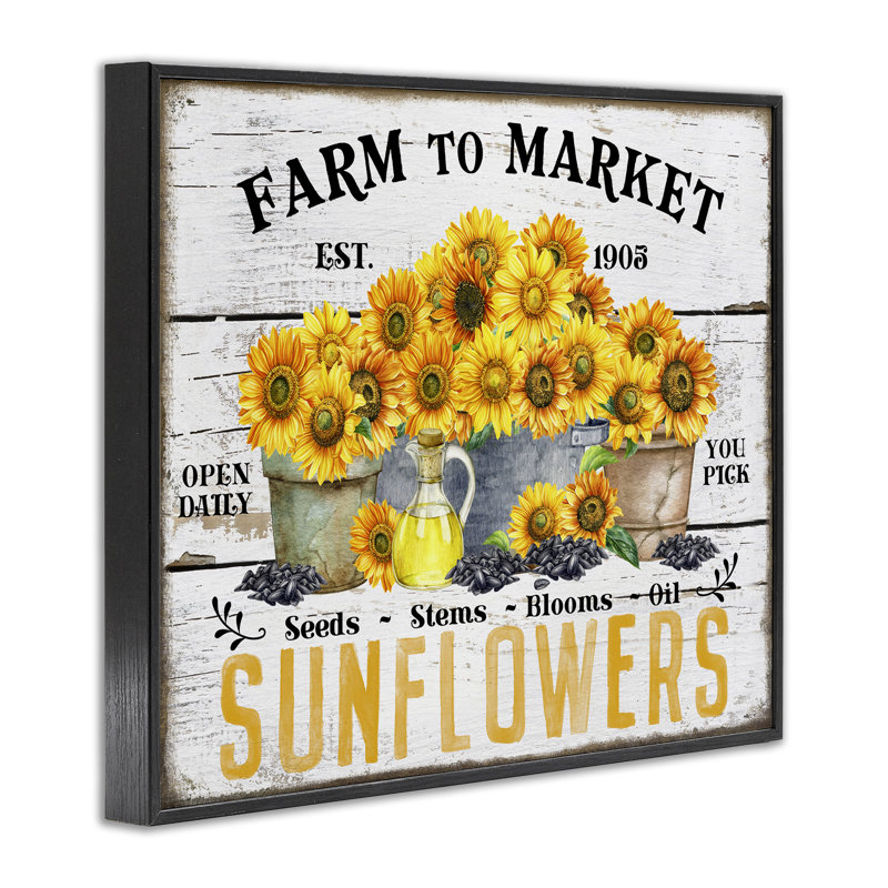 «Farm to Market Sunflowers», estampe numérique par Creatif Belle, H 11 po x l 14 po, Giclée encadrée noir minuit