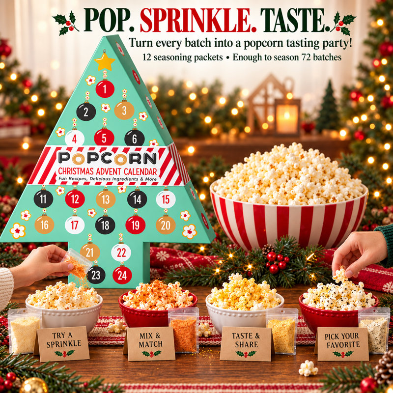 Wabash Valley Farms 24-Day Christmas Popcorn Advent Calendar – Christmas Tree Countdown with Popcorn Treats, Seasonings, Recipes & Surprises
