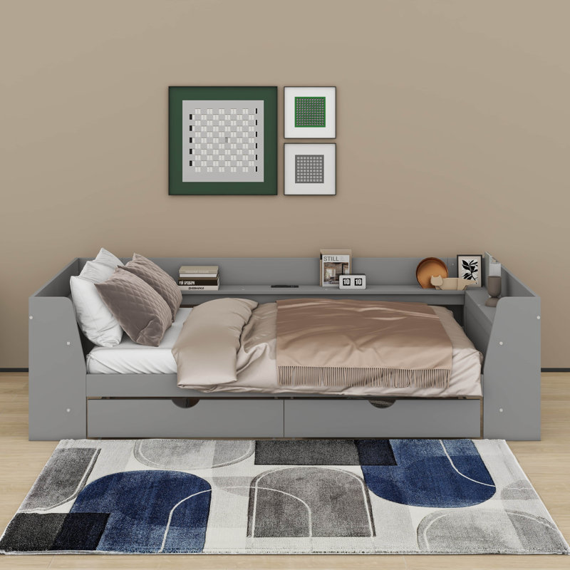 Lit de jour simple avec tablettes, tiroirs et station de charge, Gris