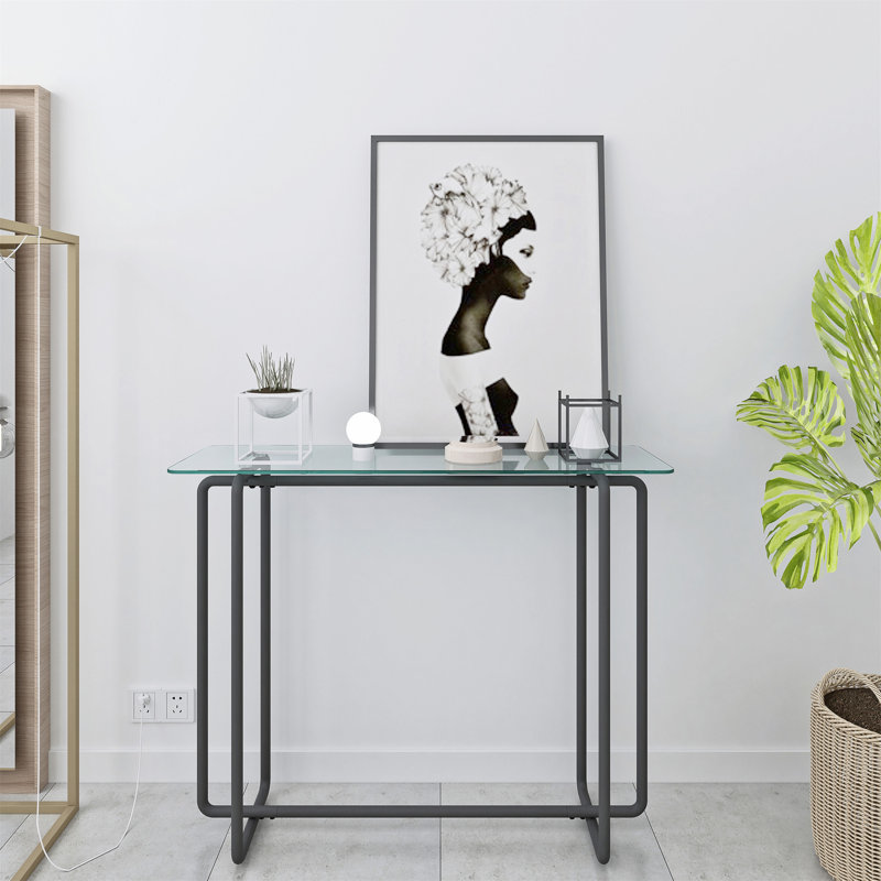 Console avec pied de table rectangulaire en verre trempé rectangulaire, Transparent