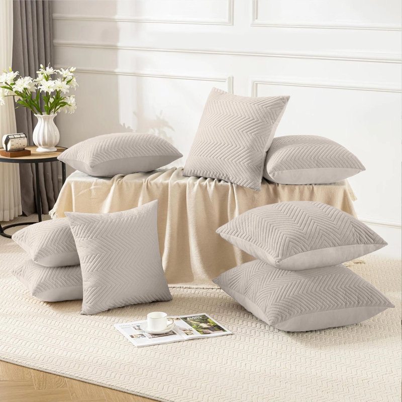 Embossed Quilted Chevron Decorative Cushion Cases - Set of 4 Modern Couch & Bed Décor Velvet Throw Pillow Covers , Beige