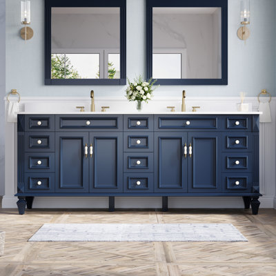 Meuble-lavabo autoportant en bois massif Gamella l 84 po x H 35 po avec comptoir en quartz blanc Carrera résistant aux taches et lavabo double, bleu marine