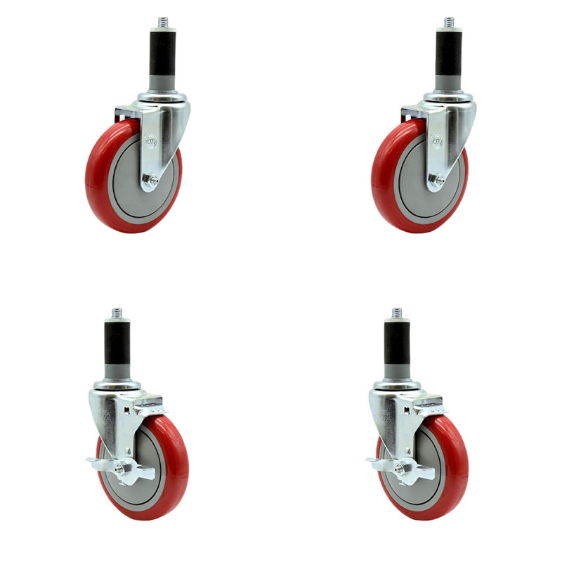 Ensemble de roulettes extensibles pivotantes en polyuréthane de 5 pouces de 1 3/8 po à 2 freins SCC, Rouge