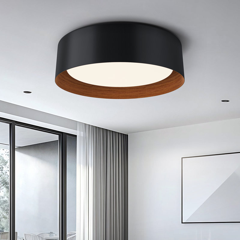 Acrylic 13'' Drum 3-CCT Dimmable LED Black with Wood Grain Finish Flush Mount Ceiling Light