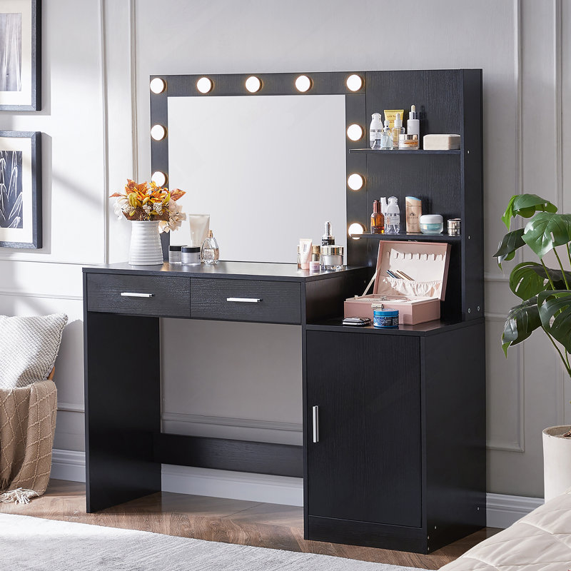 Bureau de coiffeuse avec miroir et lumières, coiffeuse avec 2 tiroirs, 3 modes d'éclairage à luminosité réglable, convient à la chambre à coucher