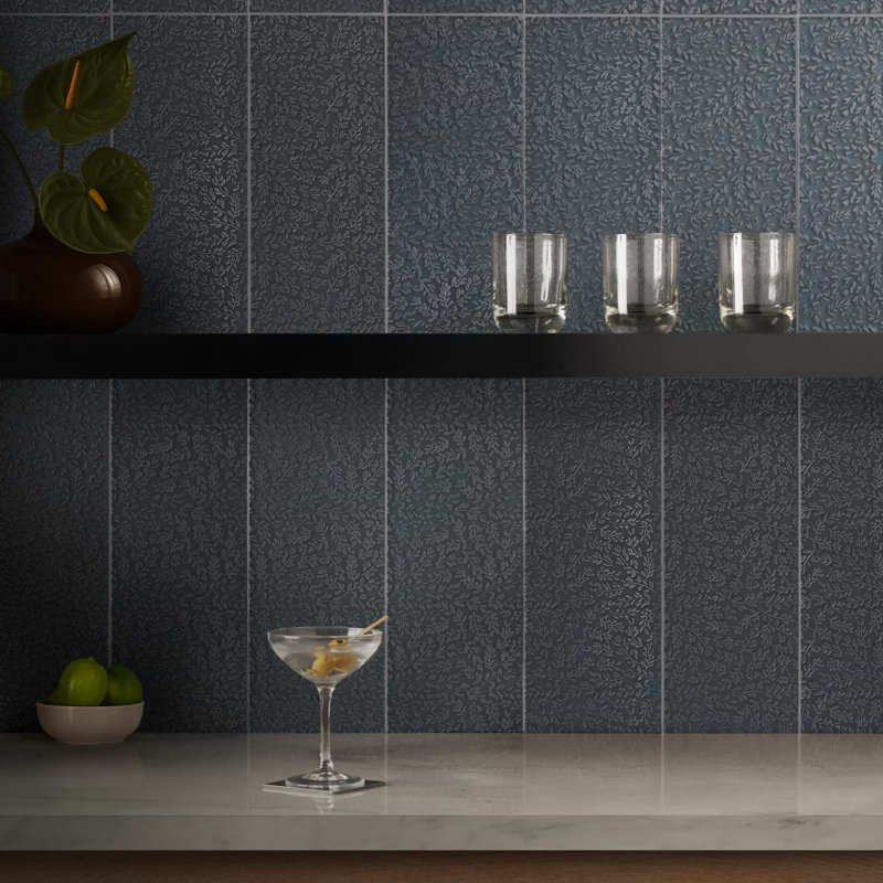 Sonya Flowers 6x16 Frosted Glass Tile, Midnight Gray