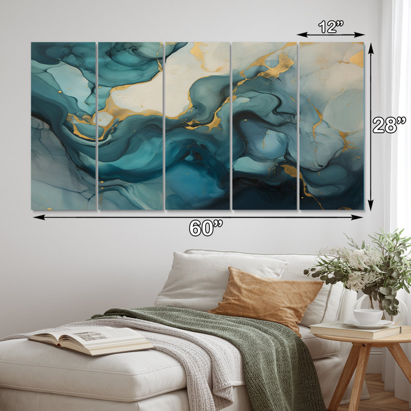 Turquoise doré infusé marbre V - impression sur toile Fractals - 5 panneaux égaux