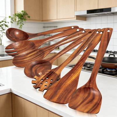 Ensemble d'ustensiles en bois de teck 7 pièces, cuillères et spatules de cuisine fabriquées à la main pour batterie de cuisine antiadhésive, résistant à la chaleur et durable pour un usage quotidien