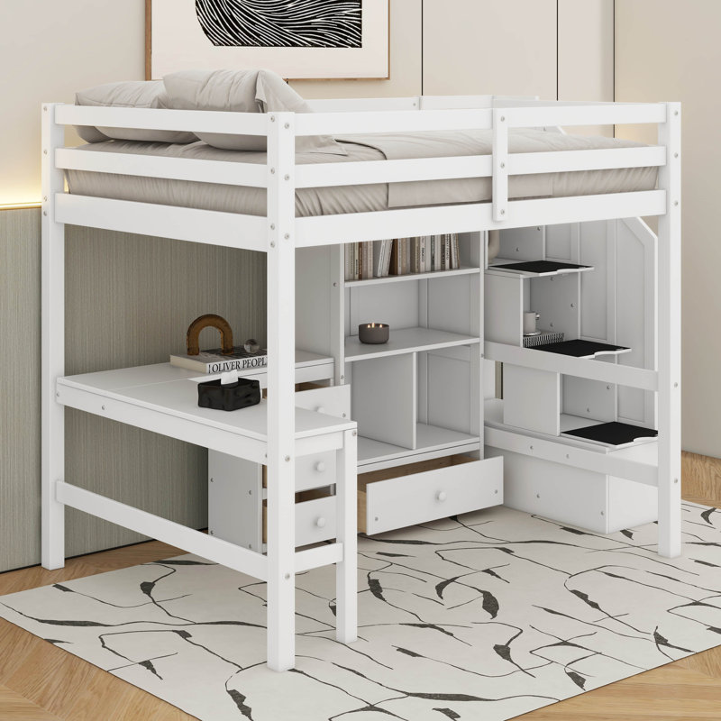 Full Size Loft Bed With Desk And Drawers, White