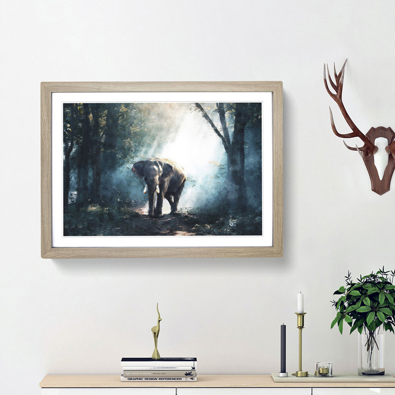 Elephant Roaming in a Green Forest - Picture Frame Graphic Art Print, Oak Framed, 33cm H x 45cm W x 2cm D