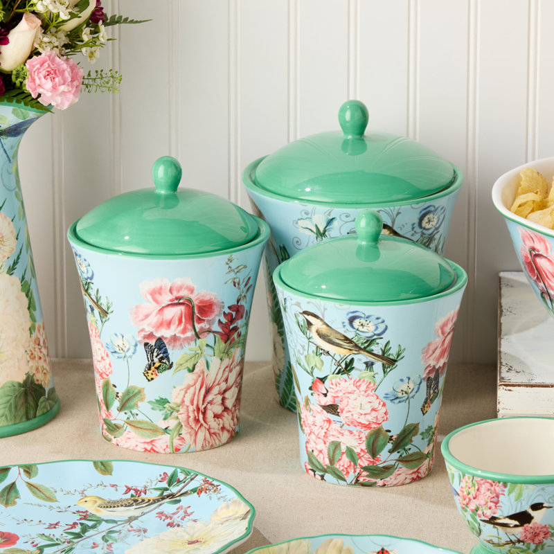 Flora Green Ceramic Canister Set with Butterfly Design, 3-Piece