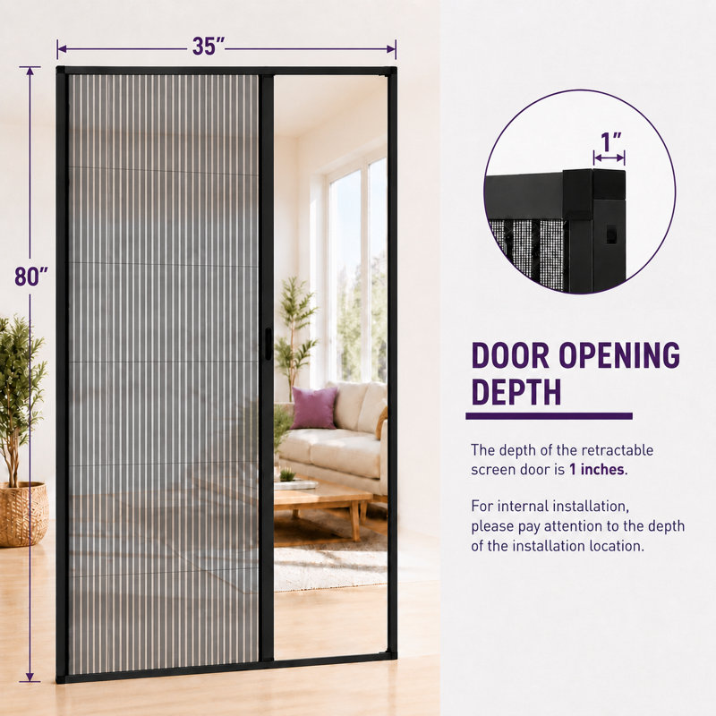 Porte moustiquaire rétractable 89 x 203 cm, cadre en aluminium robuste, conception hydrophobe unique, toile indéchirable, pliable pour porte d'entrée, patio et balcon, anti-insectes, noire