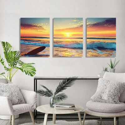 Canvas Wall Art Featuring Sunset Surfboards, a Three-Piece Set Measuring 12X16 Inches, Ideal for Christmas, Father’S Day, Or Mother’S Day Gifts