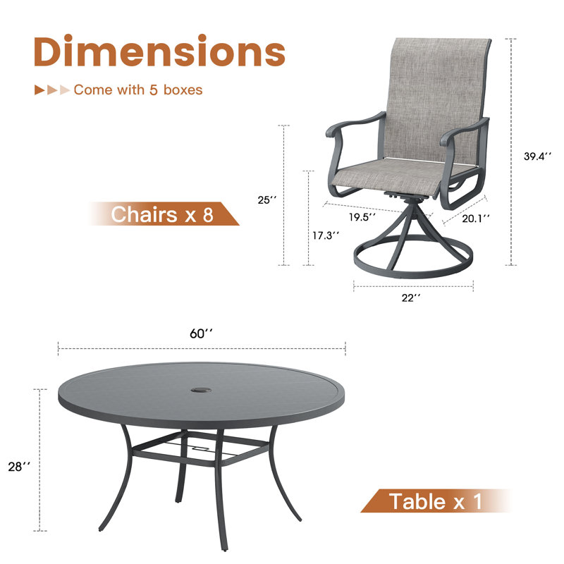 60'' Outdoor Round Table with 8 Swivel Chairs - Weather-Resistant Patio Dining Set, Gray/Gray