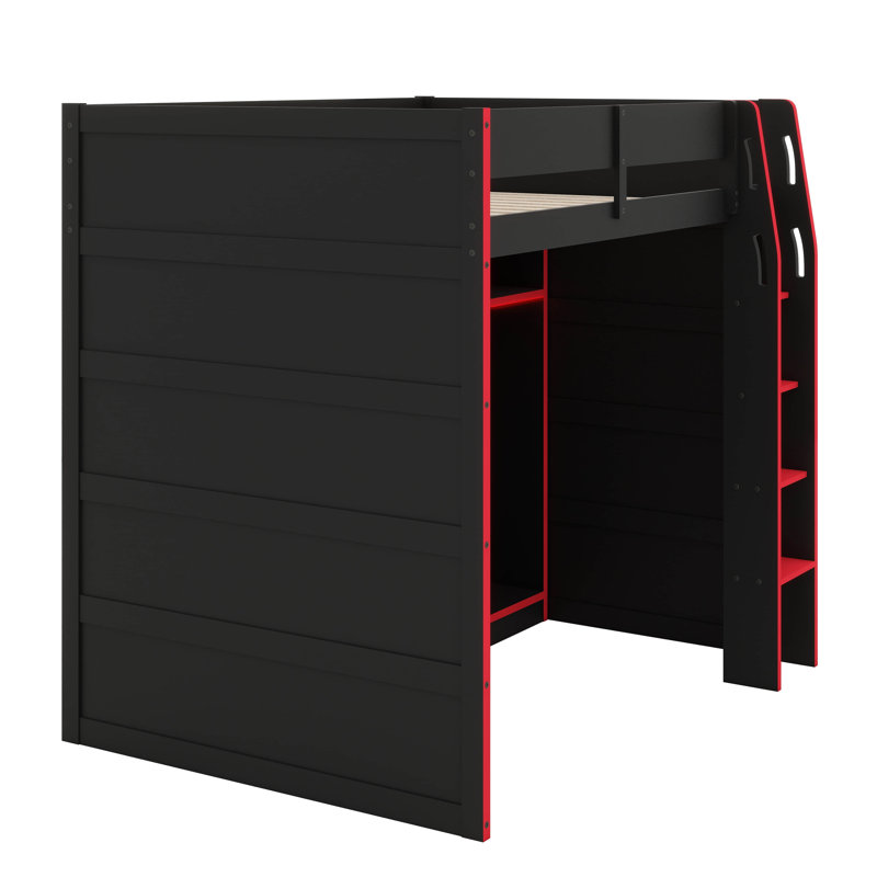 Lit mezzanine de jeu complet complet avec bureau, plusieurs supports de rangement et des lits à DEL personnalisables, lit mezzanine de jeu en bois avec armoire de rangement et échelle d'accès