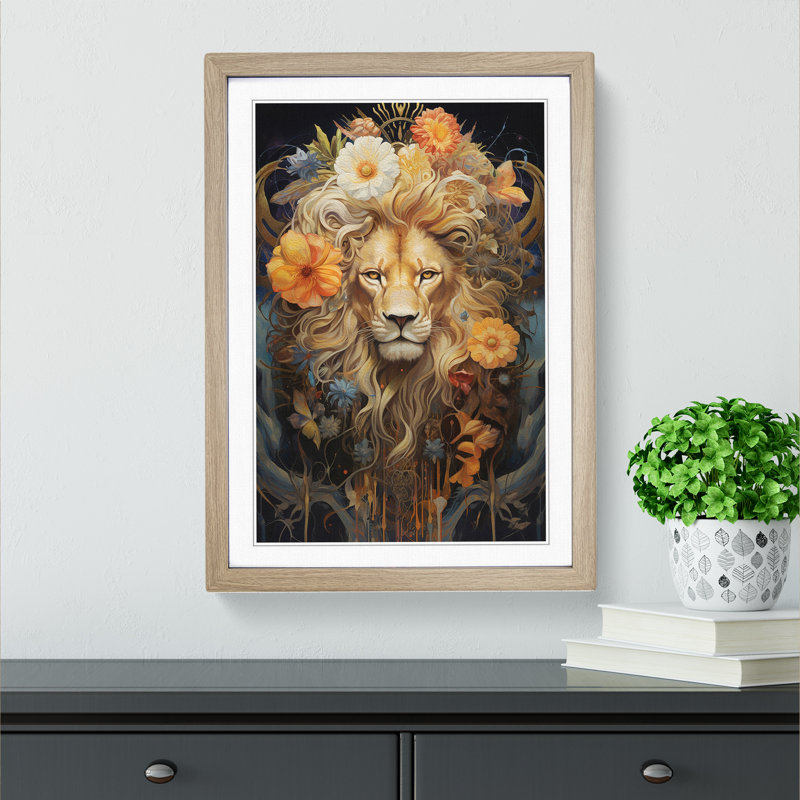 Leo Zodiac Contemporary - Single Picture Frame Print on Wood, 64cm H x 46cm W x 2cm D, Oak Framed