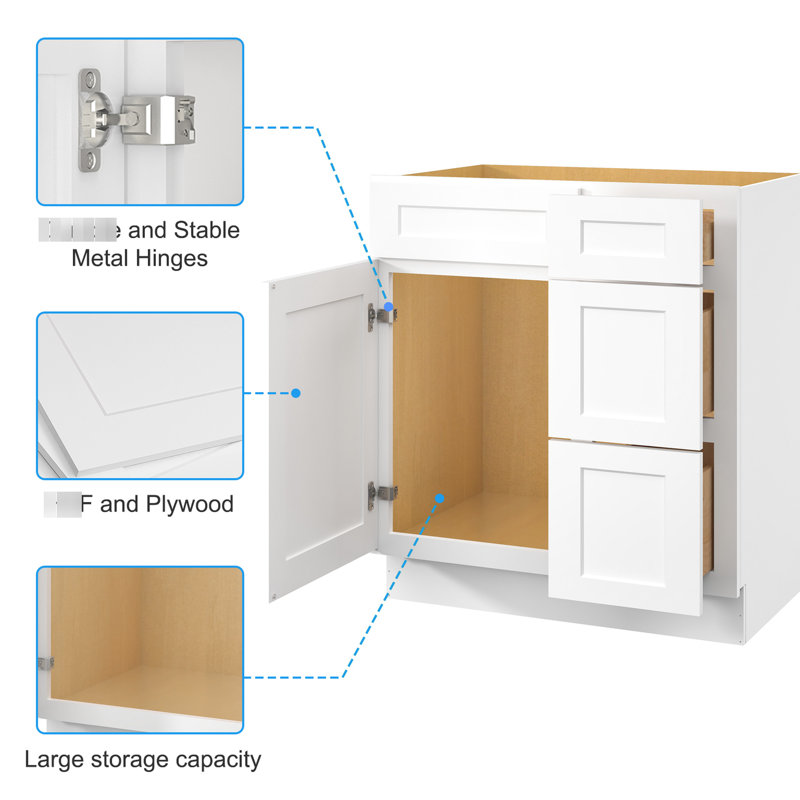 Armoire de meuble-lavabo en contreplaqué l 30 po x P 21 po x P 34,5 po - blanc Shaker, White