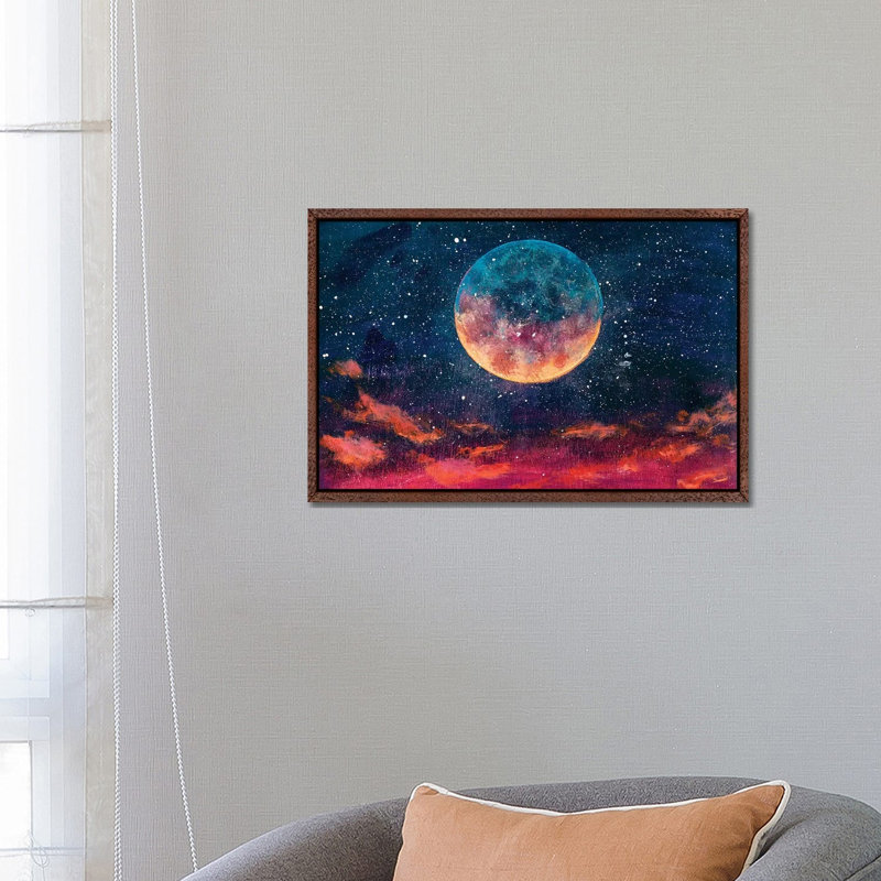 Moon Among Stars In Universe by Valery Rybakow - Painting on Canvas, 66.04 cm H x 45.72 cm W, Classic Brown Wood Framed