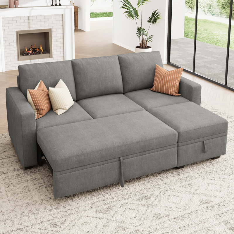 Anureet L-Shaped Sectional Modular Sofa Bed With Storage Seat, Gray Polyester Blend
