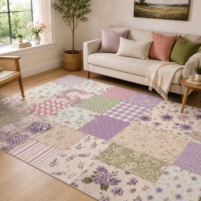 1 tapis décoratif patchwork de style bohémien floral - style rétro, à poils courts, lavable, facile à nettoyer, grand mince avec envers antidérapant pour le salon, la chambre à coucher, la cuisine et le bureau à l'intérieur pour la maison
