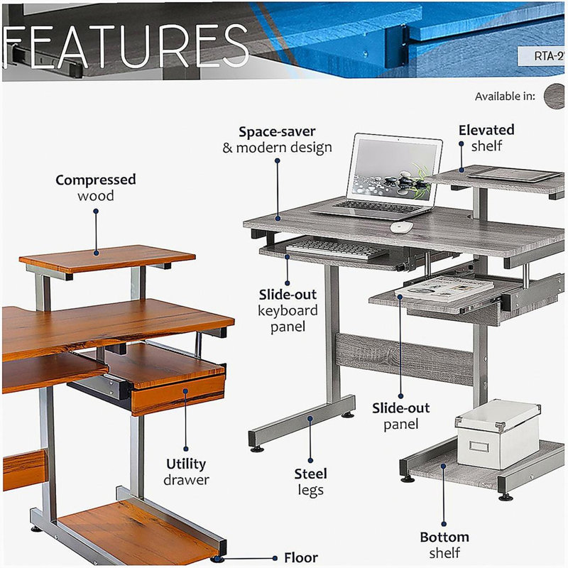 Complete computer work station desk, wood grain, Brown