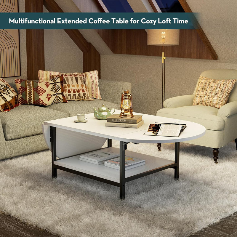 White Modern Extendable Coffee Table with Storage and Foldable Panels