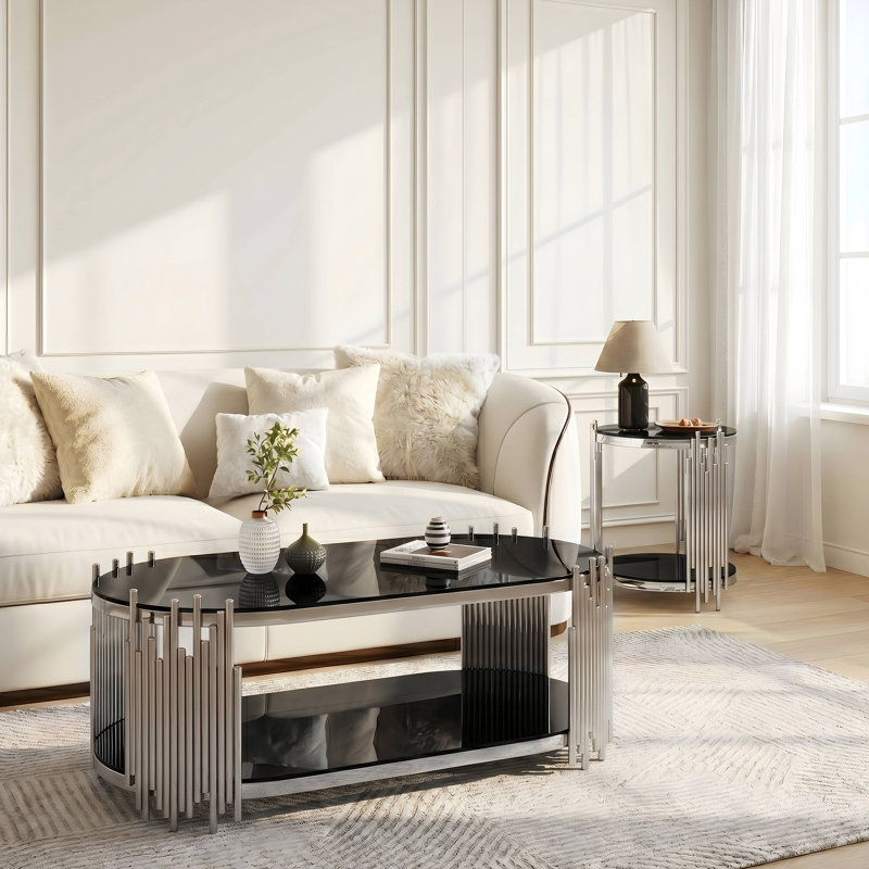 Ensemble de tables basses et tables d'appoint Modern Luxury Modern, tables gigognes 2 pièces, Black Top/Silver Base