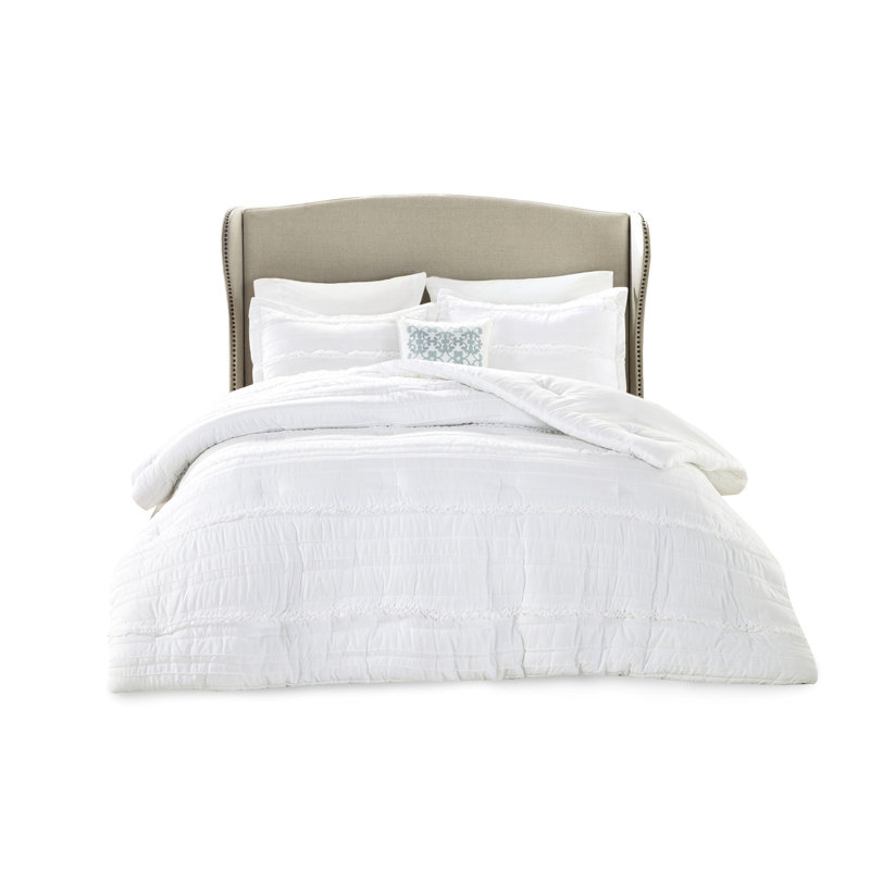 5 Piece Comforter White - Microfiber With Filling And Embroidery Detail, Includes Comforter, 2 Shams, Decorative Pillow, Bed Skirt, Machine Washable Ruffled Filling,