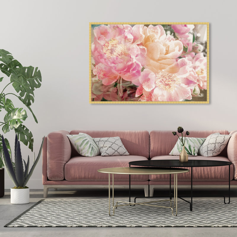 Fleurs roses, pivoines, impression sur papier, Cadre doré, H 38 po x l 56 po